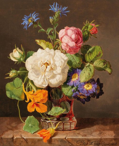 Main Product Photo of A Bouquet of Flowers with White and Red Roses, Primroses and Nasturtium  Painting by Josef Lauer