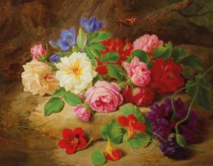 A Forest Floor with Roses and a Butterfly Oil painting by Josef Lauer