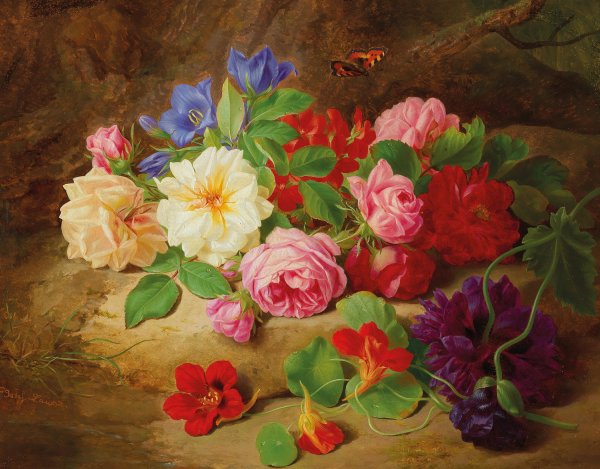 Main Product Photo of A Forest Floor with Roses and a Butterfly Painting by Josef Lauer