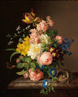 Blumenstraus mit Vogelnest und Schmetterling by Josef Lauer Oil Painting