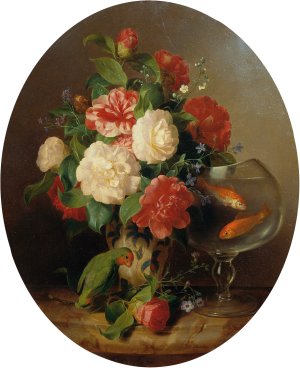 Blumenstuck mit Goldfischglas by Josef Lauer Oil Painting