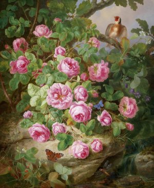 Groses Rosenstillleben mit Schmetterlingen und Vogel by Josef Lauer Oil Painting