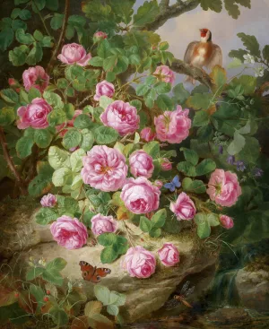 Groses Rosenstillleben mit Schmetterlingen und Vogel Oil painting by Josef Lauer