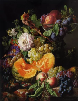 Peaches, Plums, Grapes and Melon with Autumn Flowers by Josef Lauer Oil Painting