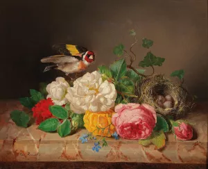 Rosenstuck mit Stieglitz und Vogelnest Oil painting by Josef Lauer