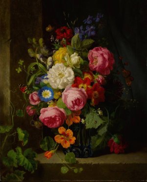 Still Life of Flowers in a Blue Crystal Vase by Josef Lauer Oil Painting