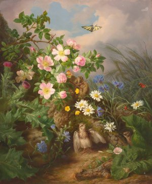 Still life with bird by Josef Lauer Oil Painting