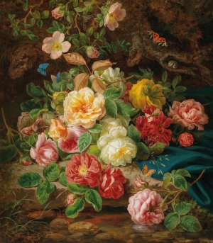 Still Life with Roses and Butterflies by a Brook in a Forest by Josef Lauer Oil Painting