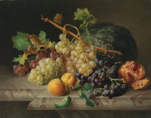 Stillleben mit Granatapfel Weintrauben und Melone by Josef Lauer Oil Painting