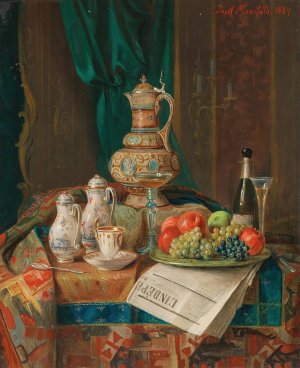 A Still Life with a Historicist Ewer, a Plate of Fruit and a Newspaper by Josef Mansfeld Oil Painting