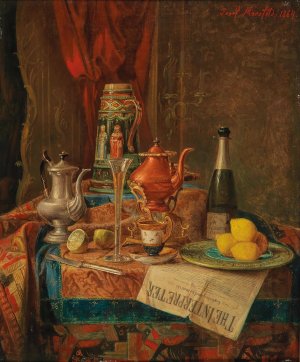 An Opulent Still Life with a Champagne Glass and a Majolica Ewer by Josef Mansfeld Oil Painting