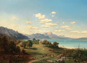 A View of Steinbach am Attersee with Unterach, Schafberg, the Drachenwand in the Background by Josef Mayburger Oil Painting