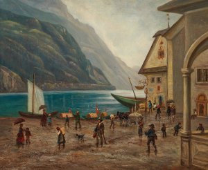 On the Shore of Lake Konigssee near Berchtesgaden by Josef Mayr Oil Painting