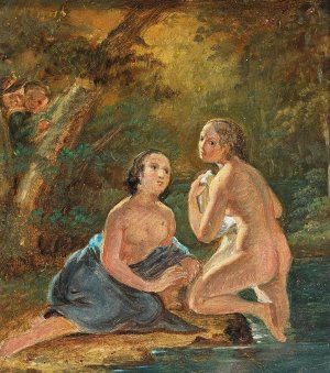 A Beautiful View By A Brook In A Forest by Josef Mosl Oil Painting