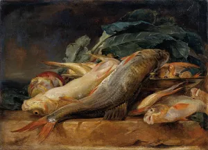 Still life with fish by Josef Neugebauer Oil Painting