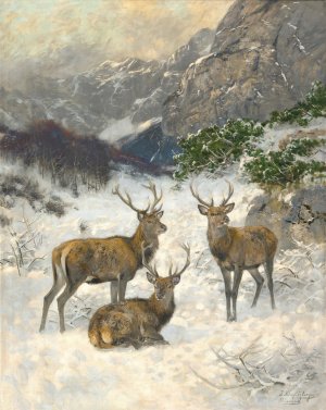 A Deer Herd in Winter by Josef Schmitzberger Oil Painting
