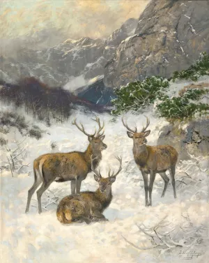 A Deer Herd in Winter by Josef Schmitzberger Oil Painting
