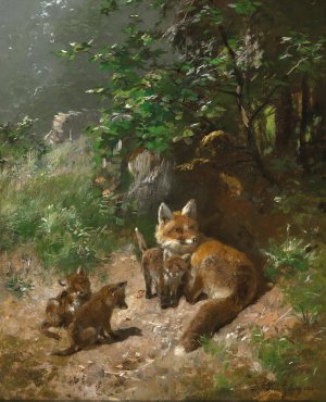 A Vixen with Whelps by Josef Schmitzberger Oil Painting