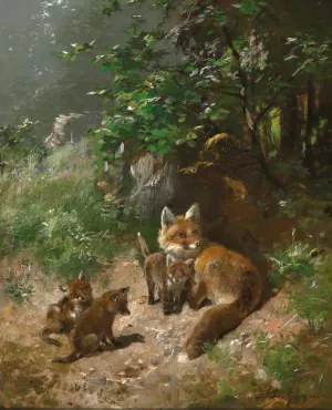 A Vixen with Whelps by Josef Schmitzberger Oil Painting