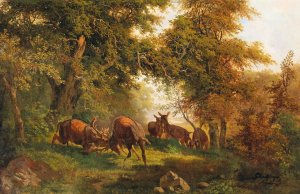 Fighting Stags by Josef Schmitzberger Oil Painting