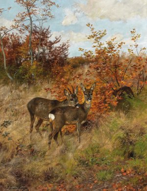Roe Deer with Autumn Leaves by Josef Schmitzberger Oil Painting