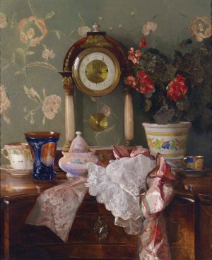Antiquitatenstillleben Mit Kaminuhr by Josef Schuster Oil Painting