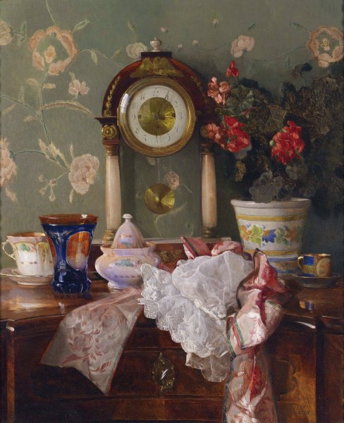 Antiquitatenstillleben Mit Kaminuhr by Josef Schuster - Hand-Painted Oil Painting Reproduction