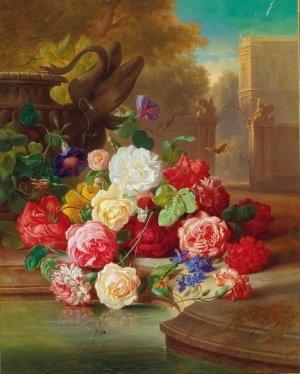 Blumenstuck Mit Schmetterling In Einer Parklandschaft by Josef Schuster Oil Painting