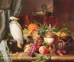 Still Life with Fruit and a Cockatoo painting by Josef Schuster