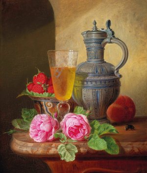 Still Life With Roses And Strawberries by Josef Schuster Oil Painting