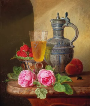 Still Life With Roses And Strawberries by Josef Schuster Oil Painting
