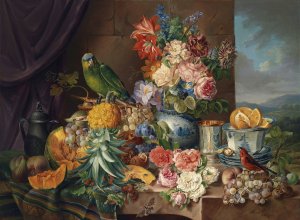 Stillleben Mit Fruchten Blumen Und Papagei by Josef Schuster Oil Painting