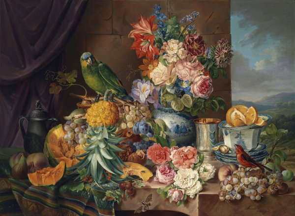 Main Product Photo of Stillleben Mit Fruchten Blumen Und Papagei  Painting by Josef Schuster