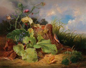 Stillleben mit Stillleben mit Disteln Glockenblumen Hagebutten und einem Kleiber by Josef Schuster Oil Painting