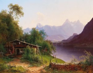 View over Lake Zell to the Steinernes Meer with Prielau Castle in the background by Josef Schwemminger Oil Painting