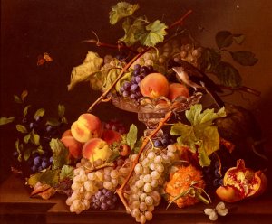 A Still Life With Song Bird And Fruit In A Crystal Tazza