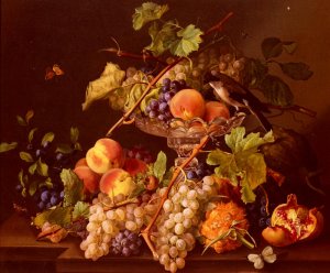 A Still Life With Song Bird And Fruit In A Crystal Tazza by Josef Seboth Oil Painting