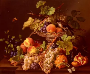 A Still Life With Song Bird And Fruit In A Crystal Tazza painting by Josef Seboth