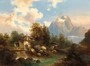 A Mill by a Mountain River, in the Background the Dachstein Massif by Josef Thoma Oil Painting