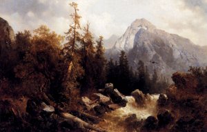 A Mountainous River Landscape by Josef Thoma Oil Painting