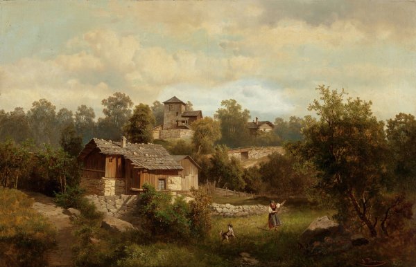 Main Product Photo of Alpine Landscape with Peasants  Painting by Josef Thoma