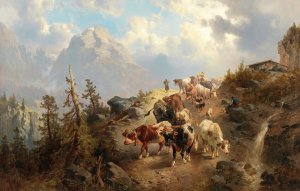 Driving Down the Cattle from the Alps by Josef Thoma Oil Painting