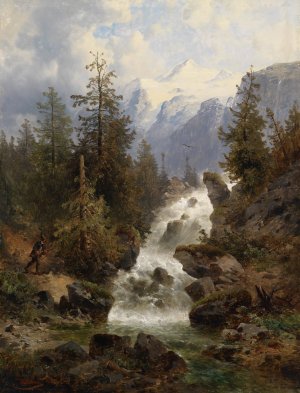Jager am Wasserfall by Josef Thoma Oil Painting