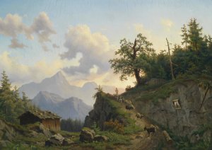 Schafhirte mit seiner Herde am Heimweg by Josef Thoma Oil Painting
