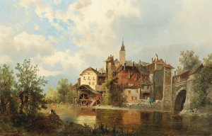Watermill on a Riverbank by a Town by Josef Thoma Oil Painting