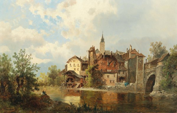 Main Product Photo of Watermill on a Riverbank by a Town Painting by Josef Thoma