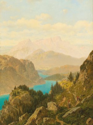 View of the Konigssee and the Untersberg by Josef Von Schlogl Oil Painting