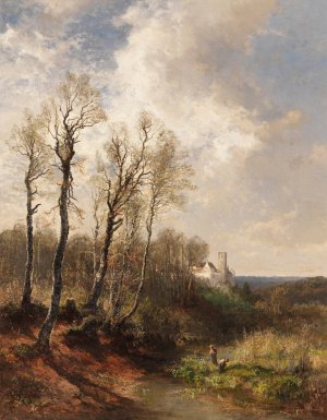 Kinder am Isarhochufer mit Blick auf Burg Grunwald by Josef Wenglein Oil Painting
