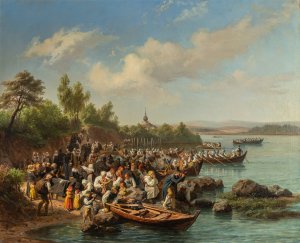 Church Boats at Leksand by Josef Wilhelm Wallander Oil Painting