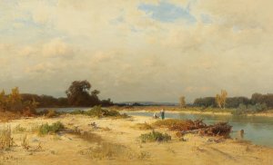 Bavarian River Landscape with Women Gathering Wood by Josef Willroider Oil Painting